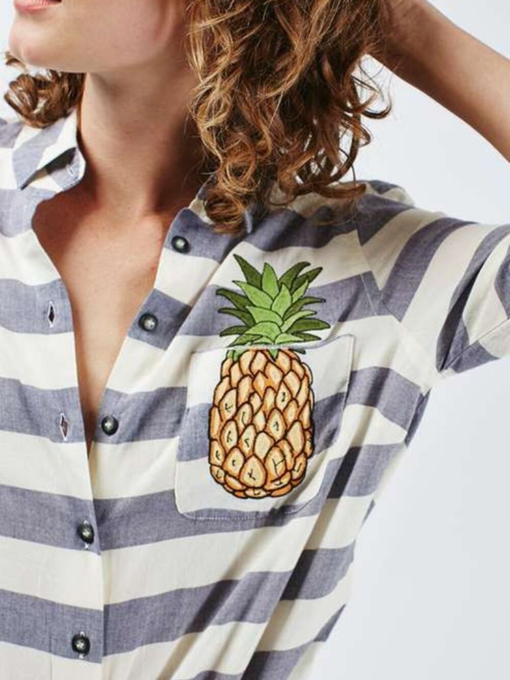 TOPSHOP Blue Cream Striped Pineapple Embroidered Button Down Shirt NWT 8